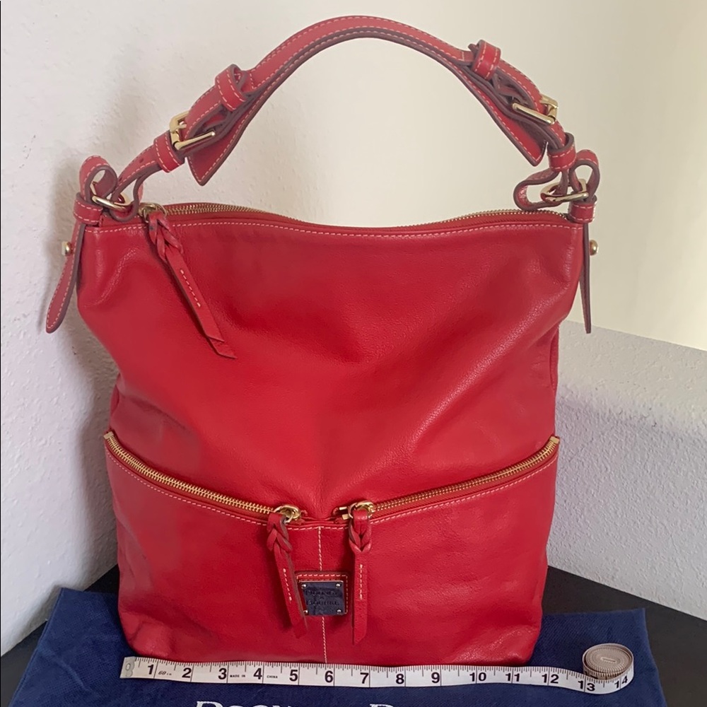 Vintage Dooney & Bourke Vibrant Red Leather Hobo  Bag with Gold Hardware.